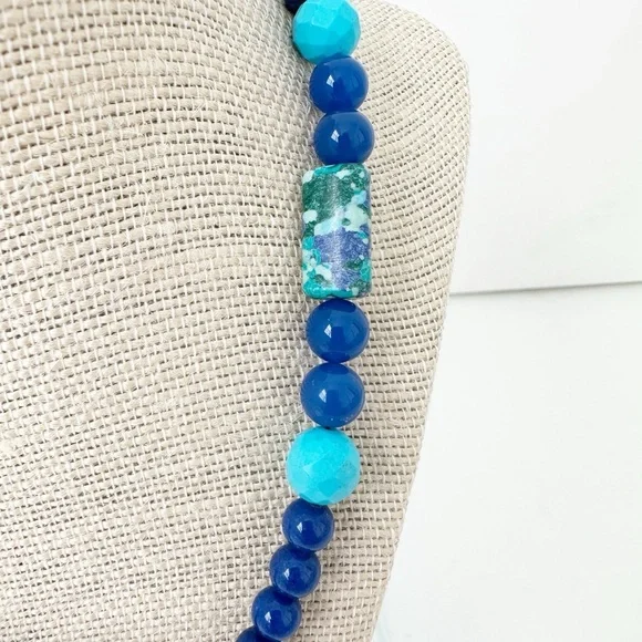 NWT Genuine Lapis Lazuli, Agate, Pearls & Glass Beads Necklace Blue White
